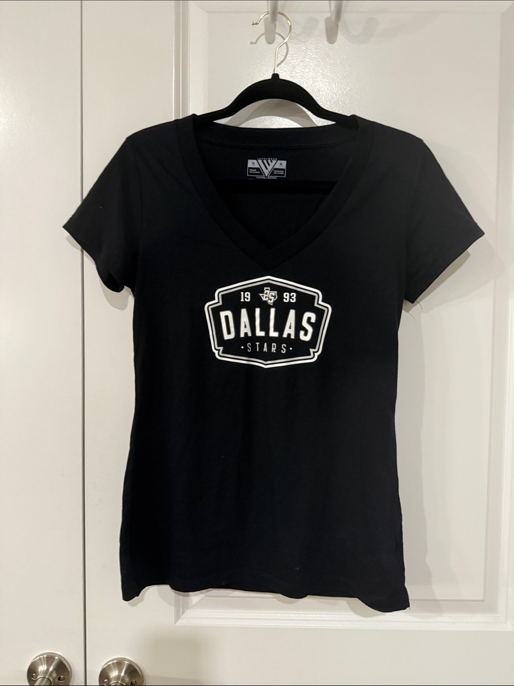 Dallas Stars Women's V-Neck Tee - Black with White Logo